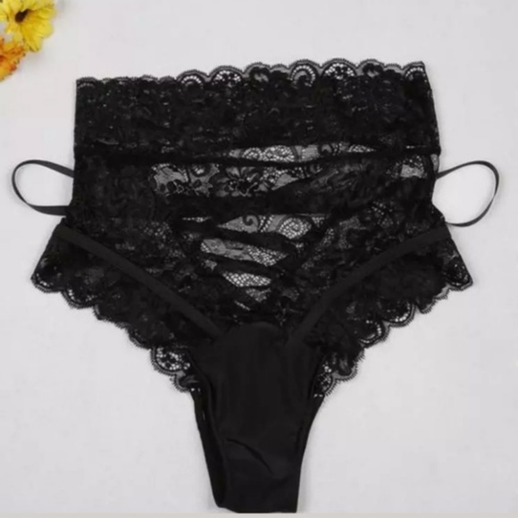 High Waist Black Lace Lace Up Cheeky Shortie Panty - Picture 3 of 8